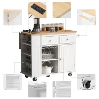 Kitchen Island with Power Outlet, Drop Leaf, Wine Rack, Adjustable Shelves, Utility Cart with Lockable Wheels, 40" L x 29.5" W x 34" H, White(m-9)