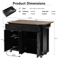 Farmhouse Kitchen Island with Storage Drawers, Power Outlet, Drop Leaf, Spice Rack, Rolling Cart on Wheels, 53.5" L x 29" W x 36.5" H, Black(m-3)
