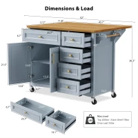 Kitchen Island with Drop Leaf, Towel Rack, 5 Drawers, Adjustable Shelf, Mobile Cart on Wheels with Spice Rack, 52" L x 29.5" W x 36" H, Blue+Grey(m-3)