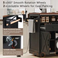 Farmhouse Kitchen Island Cart with Beaded Drape, Power Outlet, Drop Leaf, Adjustable Shelves, Perfect for Kitchen and Dining Room, Black(m-5)