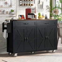 Farmhouse Kitchen Island with Storage Drawers, Power Outlet, Drop Leaf, Spice Rack, Rolling Cart on Wheels, 53.5" L x 29" W x 36.5" H, Black(m-1)