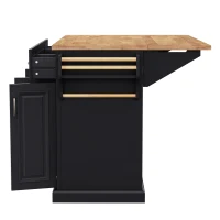 Kitchen Island Cart with Rubber Wood Drop Leaf, Embossed Texture, Rolling Cart with 4 Doors, 3 Drawers, Adjustable Shelves, Black(m-14)