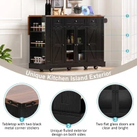 Farmhouse Kitchen Island with Tempered Glass Doors, Power Outlet, Rolling Cart with Drop Leaf, 5 Racks, 3 Drawers, 53" L x 29.5" W x 36" H, Black(m-7)