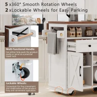 Farmhouse Kitchen Island Cart with Beaded Drape, Power Outlet, Drop Leaf, Rolling Wheels, 3 Doors, 3 Drawers, Adjustable Shelves, White(m-8)