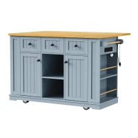 Kitchen Island Cart with Drop Leaf, Power Outlet, Internal Storage Rack, Rolling on 5 Wheels, Adjustable Shelves, and Bamboo Sticks, Gray+Blue(m-2)