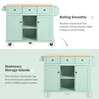 Kitchen Island Cart with 3 Drawers, 5 Wheels, Rubber Wood Drop-Leaf Countertop, Storage Cabinet, 53" L x 29.5" W x 37" H, Mint Green(m-6)
