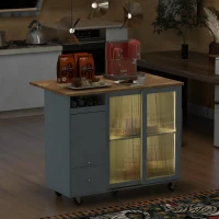 Kitchen Island with Wood Drop Leaf, LED Light, Fluted Glass Doors, Adjustable Shelf, Utility Cart with Rolling Wheels, 44" L x 27" W x 37" H, Blue(m-10)