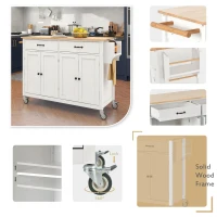Kitchen Island Cart with 4-Door Cabinet, 2 Drawers, Solid Wood Top, Spice and Towel Racks, Locking Wheels, 54.5" L x 18.5" W x 36" H, White(m-4)