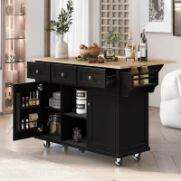 Kitchen Cart with 5 Wheels, 3 Drawers, Storage Cabinets, Central Island with Rubberwood Drop-Leaf Countertop, 53" L x 29.5" W x 37" H, Black(m-9)