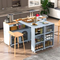 Extended LED Kitchen Island with Power Outlets, Adjustable Shelves, Central Island with Fluted Glass Doors, 56.5" L x 33" W x 38" H, Slate Blue(m-10)