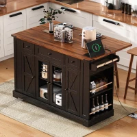 Farmhouse Kitchen Island with Tempered Glass Doors, Power Outlet, Rolling Cart with Drop Leaf, 5 Racks, 3 Drawers, 53" L x 29.5" W x 36" H, Black(m-11)