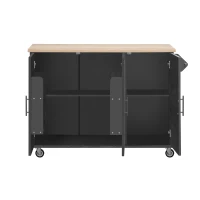 Farmhouse Kitchen Island with Drop Leaf, Internal Racks, Adjustable Shelves, Rolling Cart on Wheels with Towel Rack, 51" L x 29.5" W x 36" H, Black(m-14)