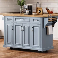 Kitchen Island Cart with Rubber Wood Drop Leaf, Embossed Texture, Adjustable Shelves, Hidden Wheels, 3 Drawers, 54" L x 29.5" W x 36" H, Grey+Blue(m-12)