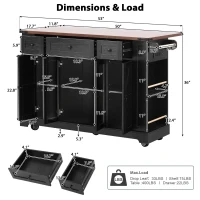 Farmhouse Kitchen Island with Tempered Glass Doors, Power Outlet, Rolling Cart with Drop Leaf, 5 Racks, 3 Drawers, 53" L x 29.5" W x 36" H, Black(m-3)