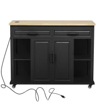 Kitchen Island with Extendable Dining Table, Rubber Wood Veneer, Internal Rack, Power Outlet, Drawers and Cabinets, 47" L x 33.5" W x 37" H, Black(m-2)