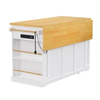Kitchen Island with Internal Racks, Drop Leaf, Power Outlet, Rolling Cart on 5 Wheels with Adjustable Shelves, 50" L x 29.5" W x 36.5" H, White(m-16)