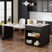 Kitchen Island with Extendable Dining Table for 4-6, Faux Marble Top, Double-Sided Storage, Power Outlet, 2 Drawers, 2 Side Open Shelves, Black