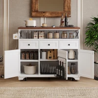 Farmhouse Kitchen Island Cart with Beaded Drape, Power Outlet, Drop Leaf, Rolling Wheels, 3 Doors, 3 Drawers, Adjustable Shelves, White(m-9)