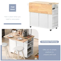 Kitchen Island with Power Outlet, Drop Leaf, Wine Rack, Adjustable Shelves, Utility Cart with Lockable Wheels, 40" L x 29.5" W x 34" H, White(m-7)