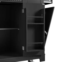 Fluted Kitchen Island with Trash Can Storage, Power Outlet, Internal Storage Rack, Rolling Design with 3 Drawers and Adjustable Shelves, Black(m-14)