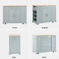 Fluted Kitchen Island with Trash Can Storage, Power Outlet, Adjustable Shelves, 3 Drawers, 3 Side Racks, 48.5" L x 20.5" W x 36.5" H, Gray+Blue(m-5)