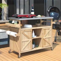 Outdoor Kitchen Island with Stainless Steel Top, Spice and Towel Rack, Rolling Bar Cart with Lockable Wheels, 50" L x 18.5" W x 36.5" H, Natural(m-1)