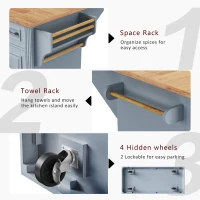 Kitchen Island Cart with Rubber Wood Drop Leaf, Embossed Texture, Adjustable Shelves, Hidden Wheels, 3 Drawers, 54" L x 29.5" W x 36" H, Grey+Blue(m-9)