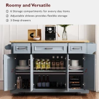 Kitchen Island Cart with Rubber Wood Drop Leaf, Embossed Texture, Adjustable Shelves, Hidden Wheels, 3 Drawers, 54" L x 29.5" W x 36" H, Grey+Blue(m-4)