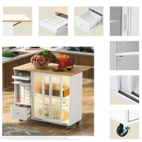 Kitchen Cart with Drop Leaf, LED Light, Sliding Glass Doors, Adjustable Shelf, Central Island with Rolling Wheels, 44" L x 27" W x 37" H, White(m-8)