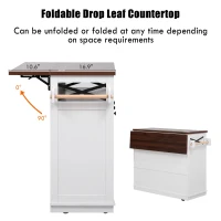 Farmhouse Kitchen Island Cart with Beaded Drape, Power Outlet, Drop Leaf, Rolling Wheels, 3 Doors, 3 Drawers, Adjustable Shelves, White(m-5)