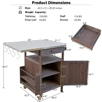 Outdoor Grill Cart with Stainless Steel Top, Storage Cabinet, Drop Leaf, Drawer, Towel Rack, Lockable Wheels, 40.5" L x 21" W x 36.3" H, Brown(m-3)