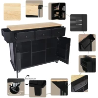 Kitchen Cart with 5 Wheels, 3 Drawers, Storage Cabinets, Central Island with Rubberwood Drop-Leaf Countertop, 53" L x 29.5" W x 37" H, Black(m-8)