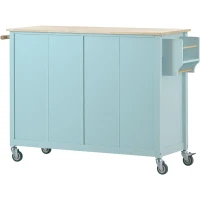 Kitchen Cart with 4-Door Cabinet, 2 Locking Wheels, Shelves and Racks, Cooking Island with Wood Top, 54.5" L x 18.5" W x 36" H, Mint Green(m-16)