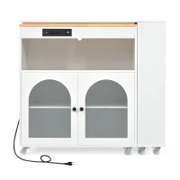 LED Kitchen Island with Extended Table, Power Outlets, Fluted Glass Doors, Utility Cart with Shelves and Cabinet, 56.5" L x 33" W x 38" H, White(m-2)