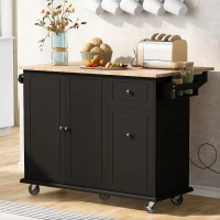 Kitchen Island with 3-Tier Pull-Out Cabinet Organizer, Wood Drop Leaf, Storage Racks, Rolling Cart on Wheels, 54" L x 29" W x 37" H, Black(m-1)
