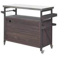 Outdoor Kitchen Island with Spice and Towel Rack, Stainless Steel Top, Rolling Bar Cart with Lockable Wheels, 50" L x 18.5" W x 36.5" H, Dark Brown(m-16)