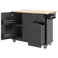 Kitchen Island with 3-Tier Pull-Out Cabinet Organizer, Wood Drop Leaf, Storage Racks, Rolling Cart on Wheels, 54" L x 29" W x 37" H, Black(m-14)