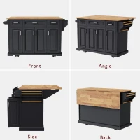 Kitchen Island Cart with Rubber Wood Drop Leaf, Embossed Texture, Rolling Cart with 4 Doors, 3 Drawers, Adjustable Shelves, Black(m-8)
