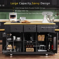 Kitchen Island with Internal Rack, Drop Leaf, Power Outlet, Rolling Cart with Adjustable Shelves and Drawers, 50" L x 29.5" W x 36.5" H, Black(m-4)
