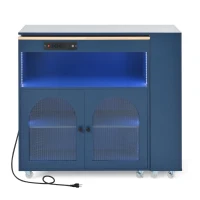 LED Kitchen Island with Extended Table, Power Outlets, Storage Shelves, Utility Cart with Fluted Glass Doors, 56.5" L x 33" W x 38" H, Navy Blue(m-2)