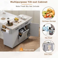 Kitchen Cart with Trash Can Storage, Drop Leaf, Adjustable Shelf, Utility Island with Spice and Towel Rack, 51" L x 31.5" W x 35" H, Gray(m-7)