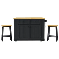 Kitchen Island with 2 Bar Stools, Power Outlet, Internal Rack, 5 Wheels, Drop Leaf, Adjustable Shelves, 2 Drawers, 48" L x 29.5" W x 37" H, Black(m-2)