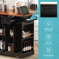 Farmhouse Kitchen Island with Tempered Glass Doors, Power Outlet, Rolling Cart with Drop Leaf, 5 Racks, 3 Drawers, 53" L x 29.5" W x 36" H, Black(m-5)