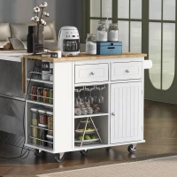 Kitchen Island with Power Outlet, Drop Leaf, Wine Rack, Adjustable Shelves, Utility Cart with Lockable Wheels, 40" L x 29.5" W x 34" H, White(m-1)