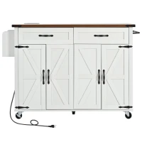 Farmhouse Kitchen Island with Drop Leaf, Power Outlet, Spice Rack and Drawer, Rolling Cart on Wheels, 53.5" L x 29" W x 36.5" H, White(m-2)