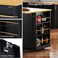 Kitchen Island with 2 Bar Stools, Power Outlet, Internal Rack, 5 Wheels, Drop Leaf, Adjustable Shelves, 2 Drawers, 48" L x 29.5" W x 37" H, Black(m-6)