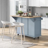 Kitchen Cart with Wood Drop-Leaf Countertop, Internal Storage Racks, Utility Island with Cabinets and Drawers, 53" L x 29.5" W x 37" H, Blue(m-10)