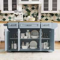 Kitchen Island Cart with Rubber Wood Drop Leaf, Embossed Texture, Adjustable Shelves, Hidden Wheels, 3 Drawers, 54" L x 29.5" W x 36" H, Grey+Blue(m-11)