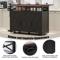 Farmhouse Kitchen Island Cart with Beaded Drape, Power Outlet, Drop Leaf, Adjustable Shelves, Perfect for Kitchen and Dining Room, Black(m-7)