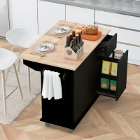 Kitchen Island with 3-Tier Pull-Out Cabinet Organizer, Wood Drop Leaf, Storage Racks, Rolling Cart on Wheels, 54" L x 29" W x 37" H, Black(m-9)